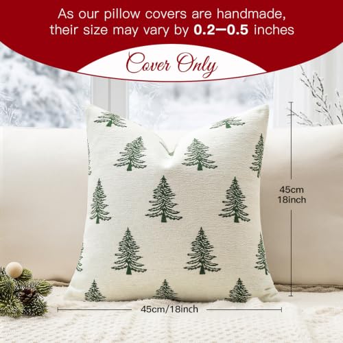 Beige & Green Chenille Christmas Pillow Covers 18x18 Inch Set of 2 - Festive Holiday Decor