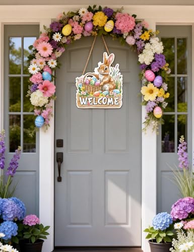 Easter Bunny Welcome Wooden Door Sign - Rustic Spring Decor