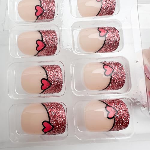 Valentine Press on Nails Short Square False Nails with Red Heart Design