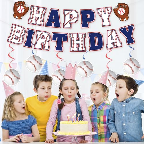 Pre-Strung Baseball Birthday Decorations - Happy Birthday Banner & Swirls