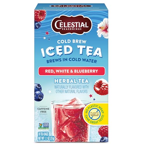 Celestial Seasonings Red, White & Blueberry Cold Brew Iced Tea Bags (18 Count) - Caffeine-Free Patriotic Herbal Tea
