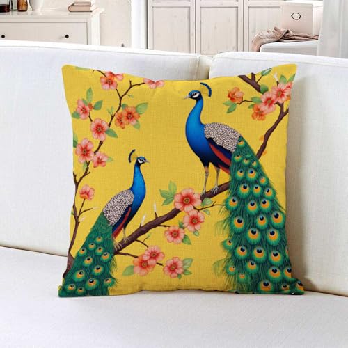Peacock Watercolor Throw Pillow Cover 18x18 - Cotton Linen