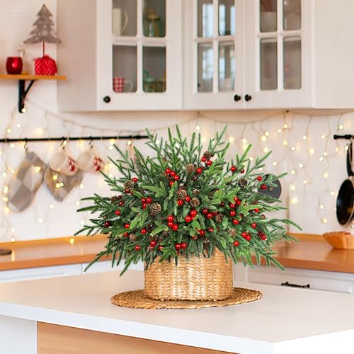 Green 15 Pack Artificial Norfolk Pine Stems with Pine Cones & Red Berries - Christmas Decor