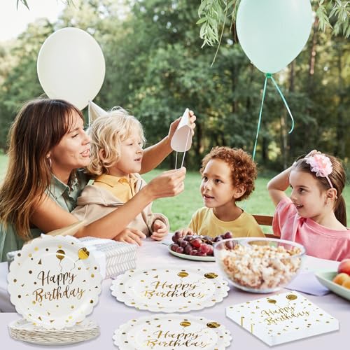 Happy Birthday Paper Plates and Napkins Set, White and Gold, 50PCS