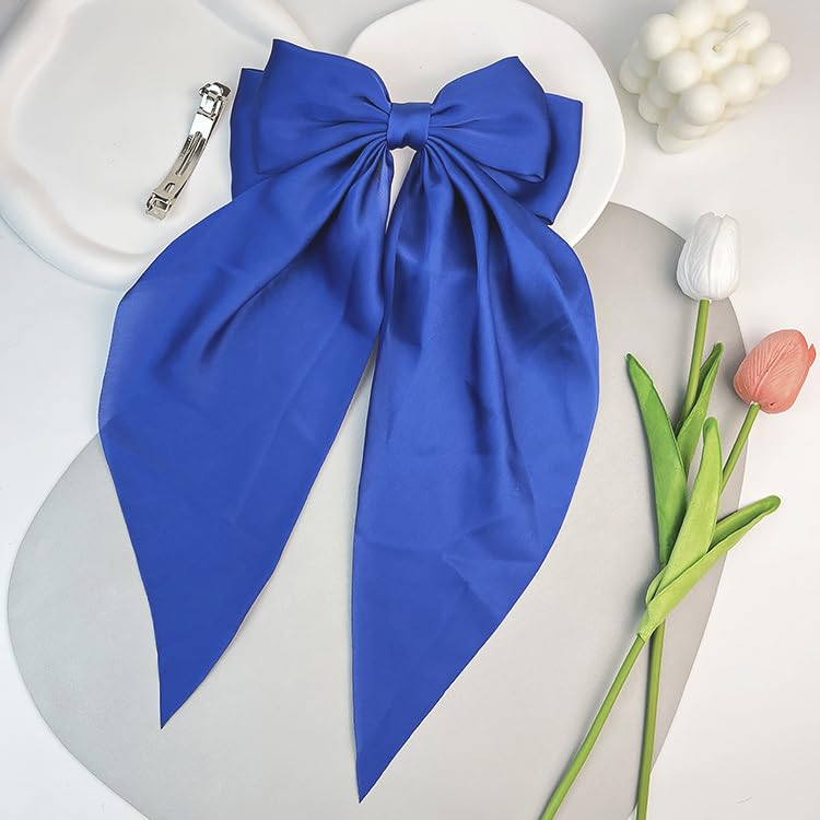 Tisbonsy Large Satin Hair Bows for Women, 3-Pack Royal Blue Oversized Long Tail Bow Barrettes and Ponytail Holders