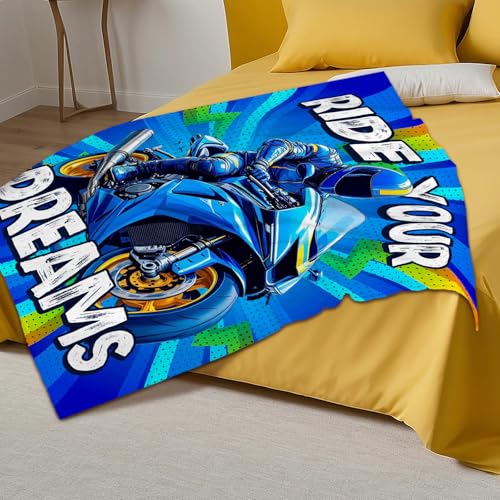 Motorcycle Flannel Throw Blanket for Boys, Soft 40x50 Inch Blue Bedding