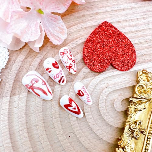 Valentines Press on Nails Medium Almond Fake Nails with Pearls and Bows