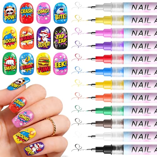 NUNUDA 12 Colors Nail Art Pens Set - 0.5mm Waterproof Quick-Drying Markers