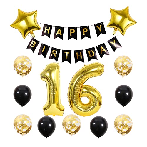 Gold 16th Birthday Decoration Kit with Banner & Balloons