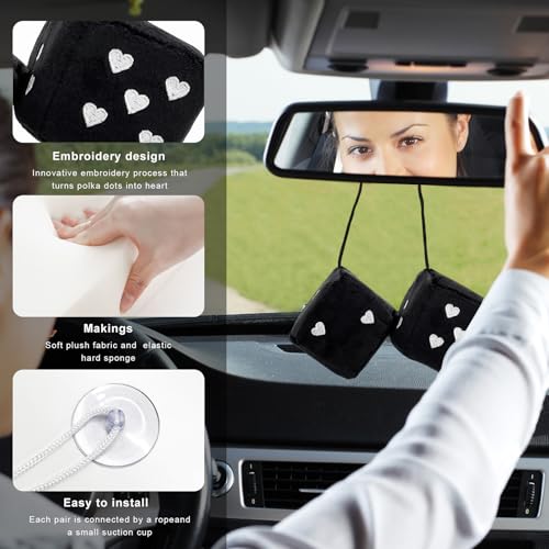 Fuzzy Plush Dice Car Mirror Ornament - 3 Inch Heart Pattern