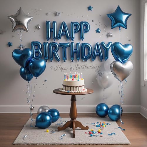 WEIKA Blue Silver Birthday Decorations Kit with 3D Letter Balloons & Foil Balloons