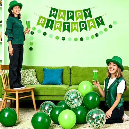 Green Happy Birthday Decorations Set with Banner, Garland, and 14 Balloons
