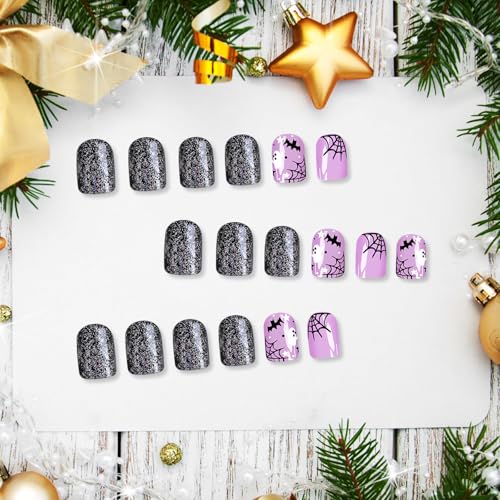 Purple Halloween Press on Nails 3D Bat Ghost Spider Web Glossy Short