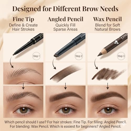 LAVONE 3-Pack Waterproof Eyebrow Pencil with Brush, Long-Lasting Black Brow Pencil Set