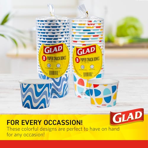 Glad Everyday Disposable Paper Snack Bowls 12 oz Blue Wave Print, Pack of 20