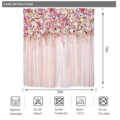 Riyidecor Pink Floral Shower Curtain 72"x72" with Hooks - Bridal Decor