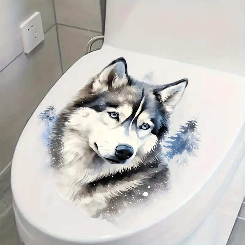 Wolf and Floral Pattern Toilet Lid Decal - Waterproof Self-Adhesive Sticker