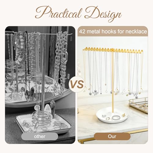 Gold Jewelry Organizer Stand with 42 Hooks for Necklaces & Bracelets