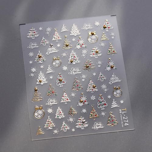 5D Embossed Christmas Nail Art Stickers White Gold Xmas Tree Decals