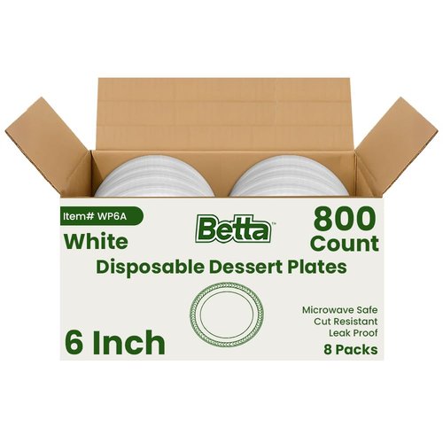 Betta 6-Inch Disposable Plastic Dessert Plates, White, 800 Count, Bulk Case for Schools, Breakrooms and Cafeteria, Microwave Safe (8 Pack Per Box x100)