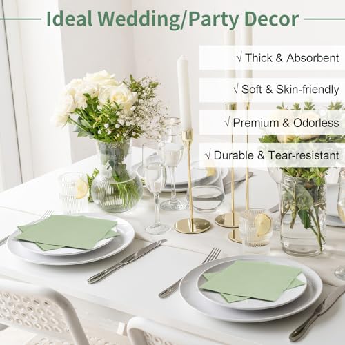Sage Green Cocktail Napkins - 100 Pack, 2-Ply 5x5 Inch Disposable