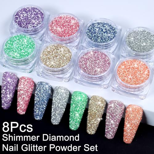 SIUSIO Reflective Glitter Powder Set, 8 Colors Diamond Nail Glitters Dust