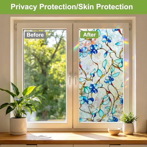 Blue Vine Floral Privacy Window Film - Stained Glass Static Cling 17.5x78.7"