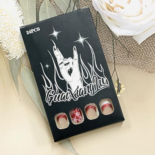 Christmas Press On Nails Short Square Glossy Acrylic False Nails