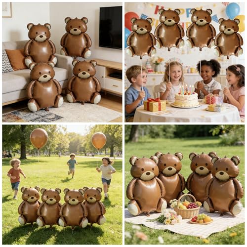 4 Pcs 35-Inch Brown Bear Foil Balloons for Jungle Safari Birthday Party
