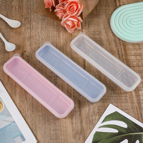 3PCS Portable Flatware Box Plastic, Simple Travel Tableware Storage Case, Reusable Utensil Container for Lunch Box for Cutlery Kit Pink, Blue,Transparent