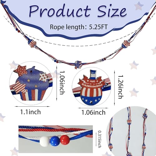 5.25FT Patriotic Garland - Red White Blue Wooden Decor for 4th of July