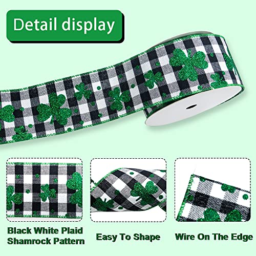 St Patrick's Day Burlap Ribbon 2.5" x 10 Yards - Black White Plaid with Green Glitter Shamrocks