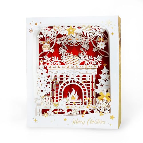 3D Christmas Card with Gold Foil - Pop Up Holiday Greeting Card with Winter Scene, Christmas Fireplace Paper Carved Box