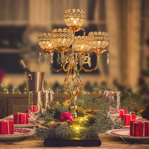Gold 5-Arm Candelabra Centerpiece with Crystal Pendants - 23.6 Inch Tall Wedding & Home Decor