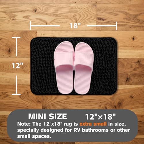 Washable Black Bathroom Rug 12"x18" - Soft Chenille Non-Slip Mat