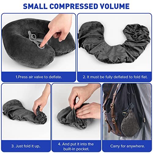 Rewondah Dark Grey U-Shaped Inflatable Travel Neck Pillow with Washable Velour Cover