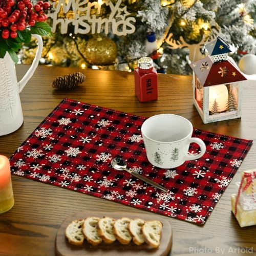 12x18 Inch Red and Black Buffalo Plaid Snowflakes Christmas Placemats Set of 8