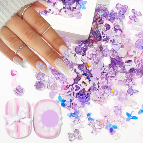 Tatiwoo 300Pcs Purple 3D Nail Charms Assorted Shapes Flower Butterfly Bowknot