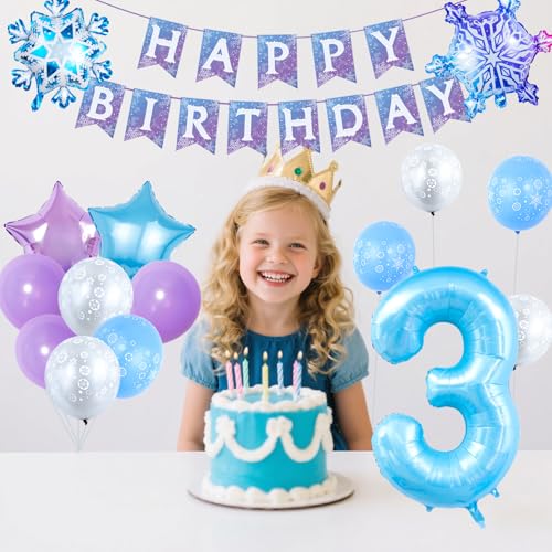 Chlororixia 3rd Birthday Party Decorations with 40 Inch Blue Number 3 Balloon and Festive Foil Snowflake Balloons - Variation 3