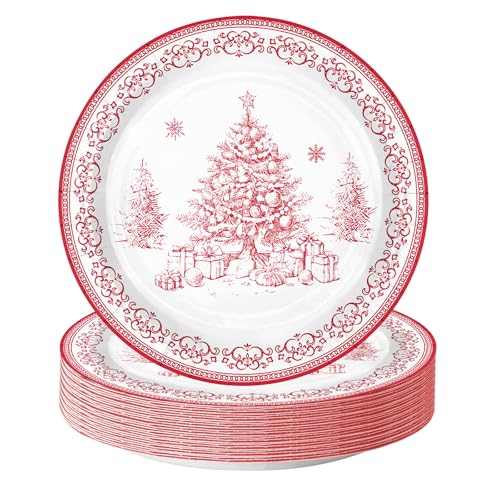 Christmas Paper Plates 25 Pack - 9 Inch Red Sketch Christmas Tree Disposable Dinnerware for Holiday Party