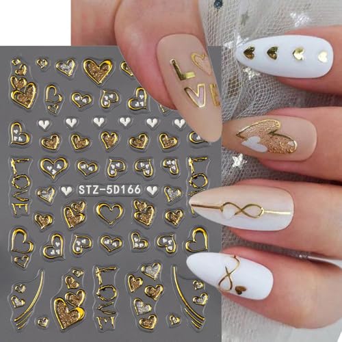 5D Embossed Heart Nail Stickers Gold Pink Valentine Decals 4 Sheets