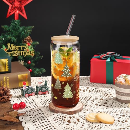 Christmas Glass Tumbler with Lid & Straw - Green Tree Xmas 20oz Style 1