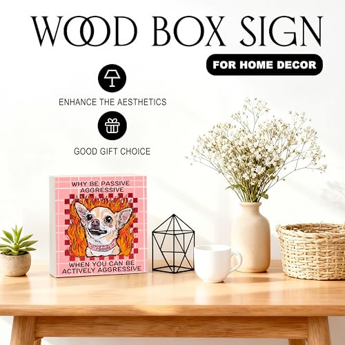 Funny Chihuahua Dog Wooden Sign | 5x5 Inch Pink Plaid Decor