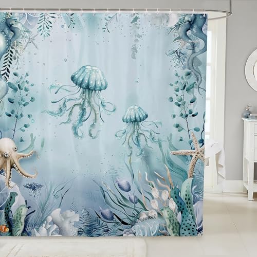 Erosebridal Jellyfish Blue Beach Shower Curtain Set 72x78 Inches Cyan Light Beige Waterproof