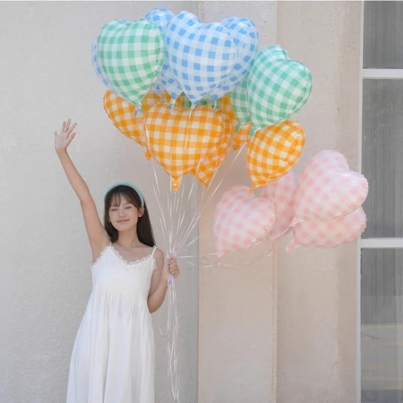 Blue Grid Heart Balloons - 10PCS Light Blue Foil for Parties