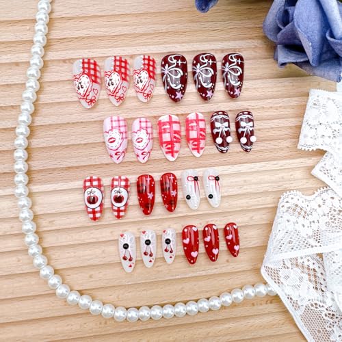 Valentine Press On Nails Medium Almond Fake Nails with Bow and Rhinestones