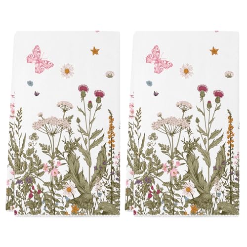 Spring Floral Kitchen Towels Set of 2 - 18x26 Inch Butterfly Design