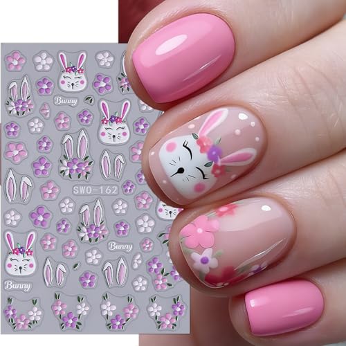 Easter Nail Stickers 3D Embossed Rabbit Spring Flower Decals 2 Sheets