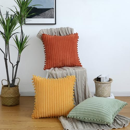 Yellow Corduroy Throw Pillow Covers 18x18 Set of 4 - Soft & Stylish