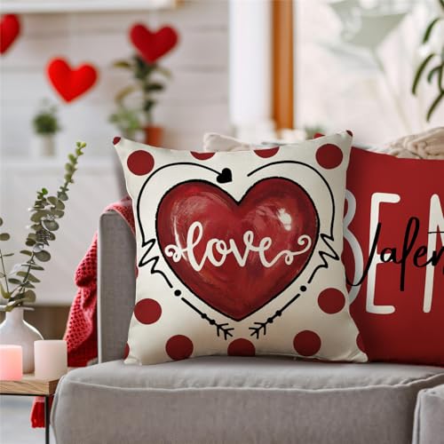 Valentine's Day Love Heart Polka Dot Pillow Covers 18x18, Set of 4